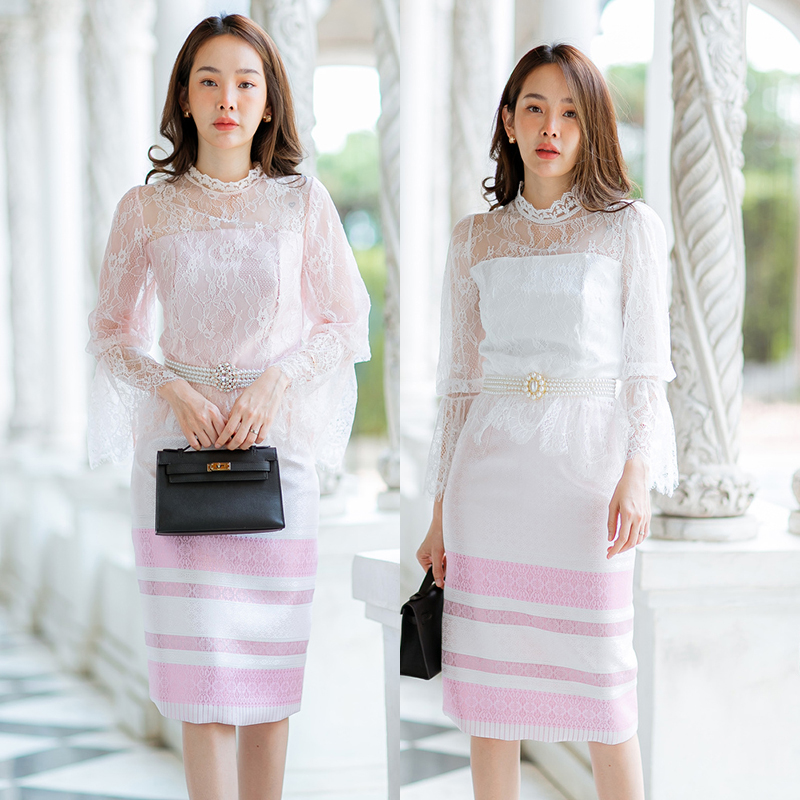 kudapy set เสื้อลูกไม้แขนพอง+กป.สั้น ผ้าทอ+เชือก ใส่ออกงาน สวยดูดี