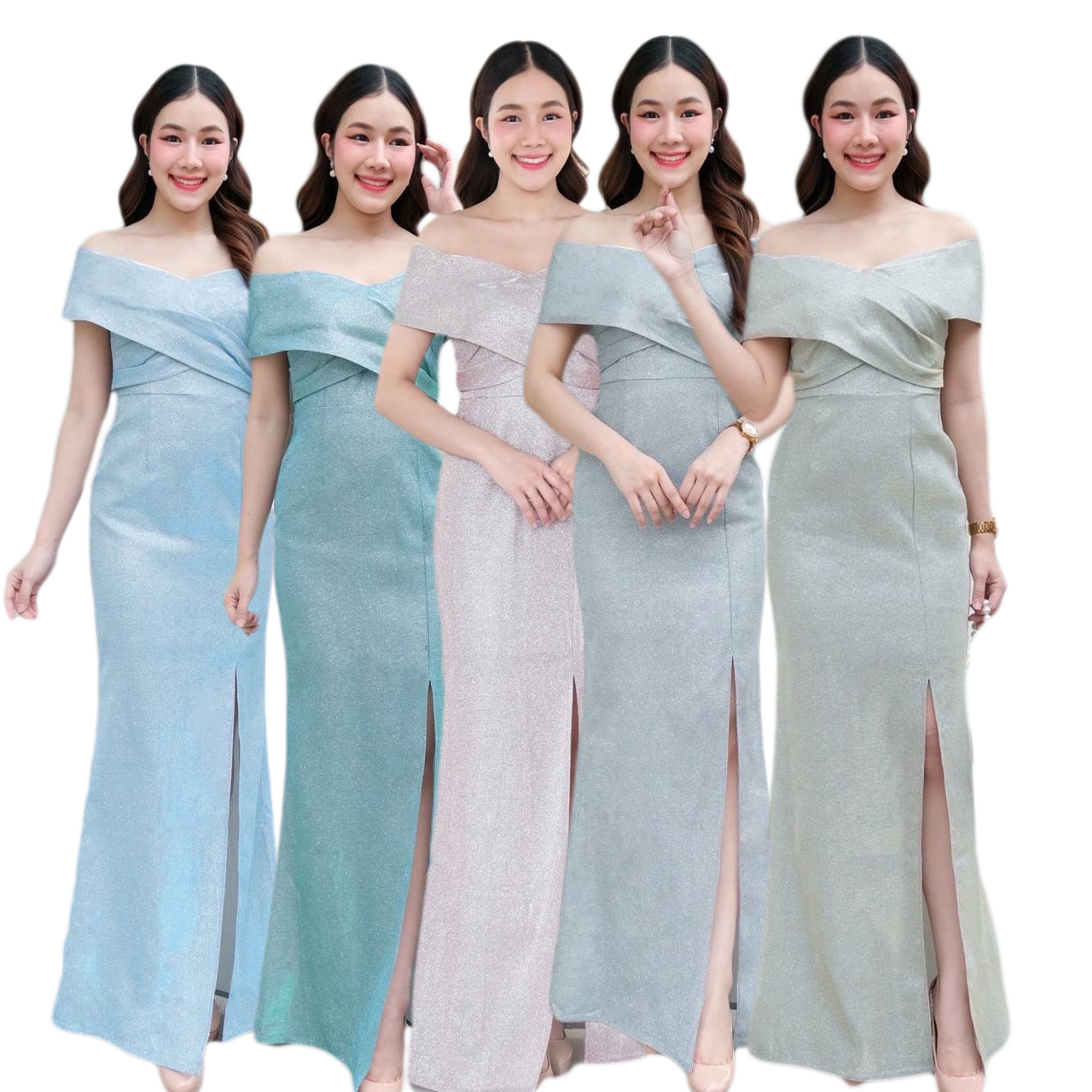 kudapy ชุด Maxi สีชมพู/สีฟ้า/สีเทา/สีทอง/สีเขียวมิ้นท์ ทรงไขว้อกแถบใหญ่ ทรงนี้เรียบหรู กระโปรงหางปลา ผ่าหน้า