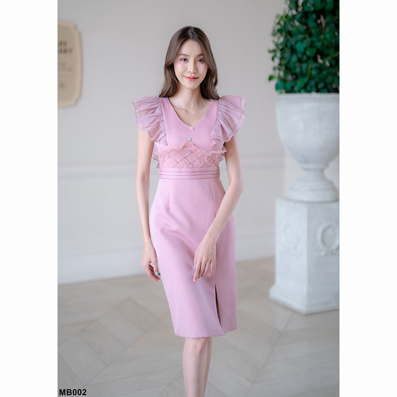 kudapy เดรสสั้นสีขาว/สีดำ/สีชมพู/สีแดง ทรงเข้ารูป แขนกุด ดีเทลอัดผ้าซีฟองช่วงแขน