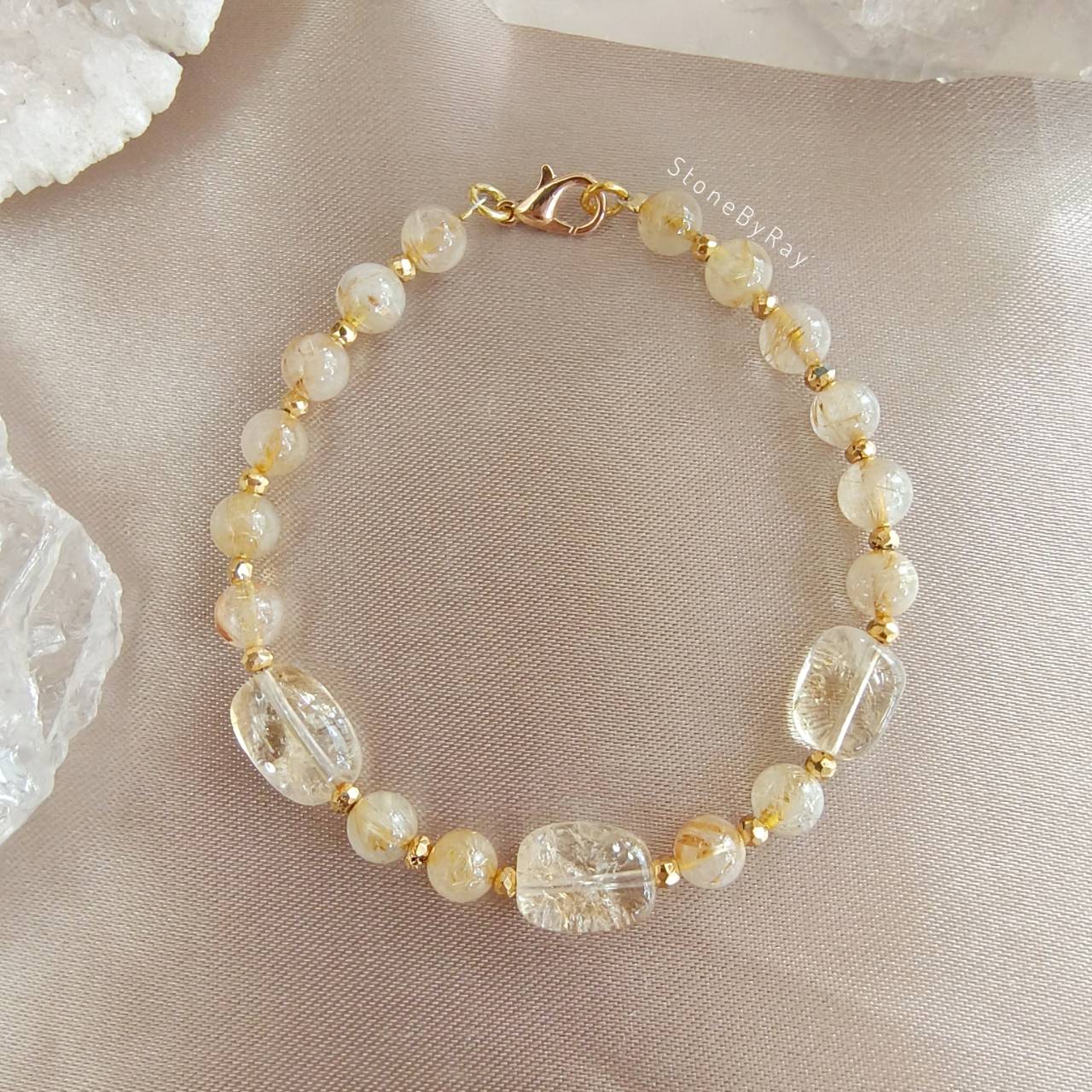 สร้อยข้อมือหินซิทริน,หินไหมทอง,ไพไรต์ Citrine+Rutilated Quartz