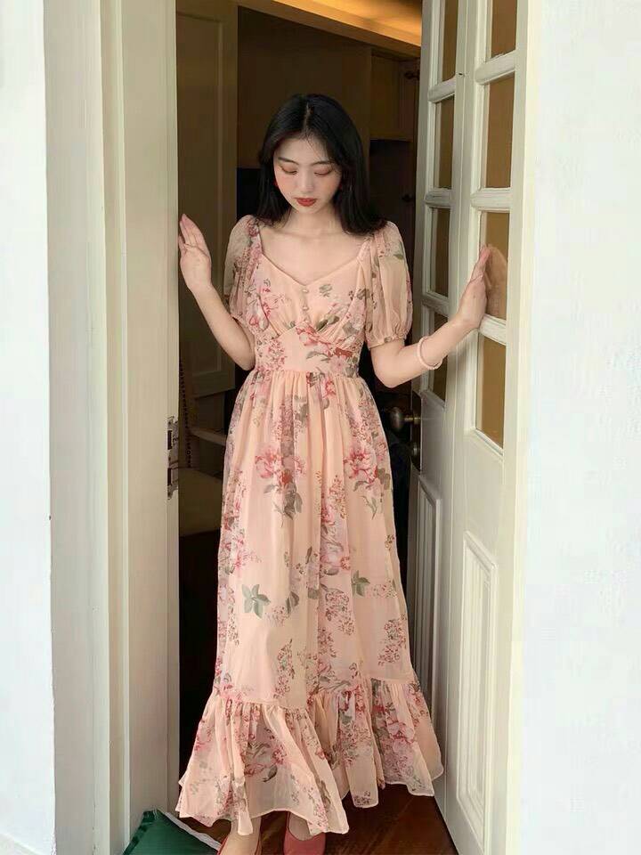 เดรสสไตล์เกาหลีสีโอรส สีฟ้า สีชมพู ผ้าชีฟองสีสวยสดใส แพทเทิร์นเป้ะ