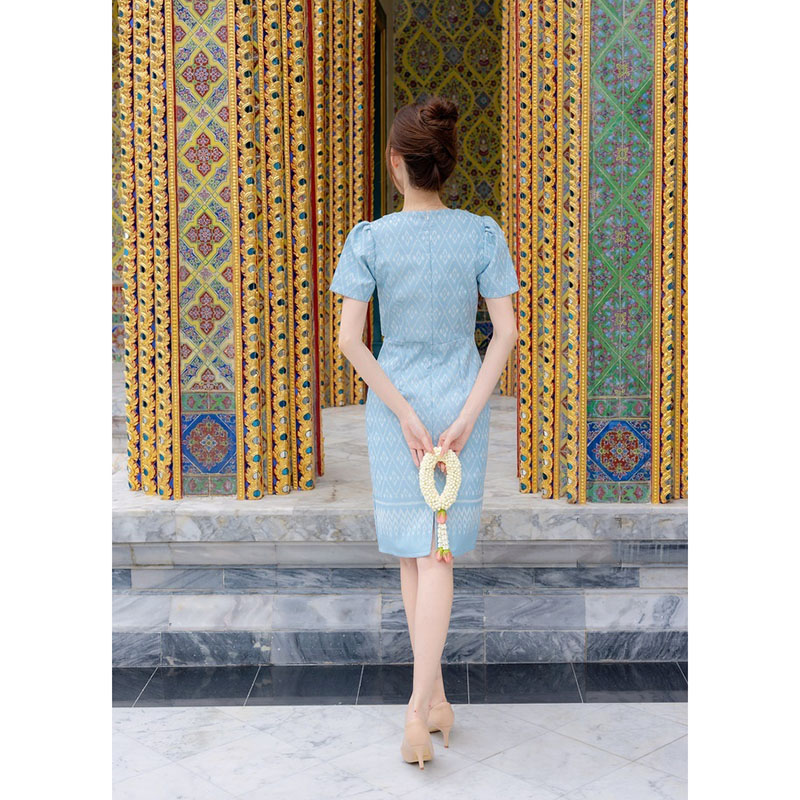 kudapy เดรสสั้นสีฟ้า/สีโอรส ผ้าทอแต่งปกเทเลอร์ ลายผ้าไทย ใส่ออกงาน ใส่ทำงานสวยดูดี