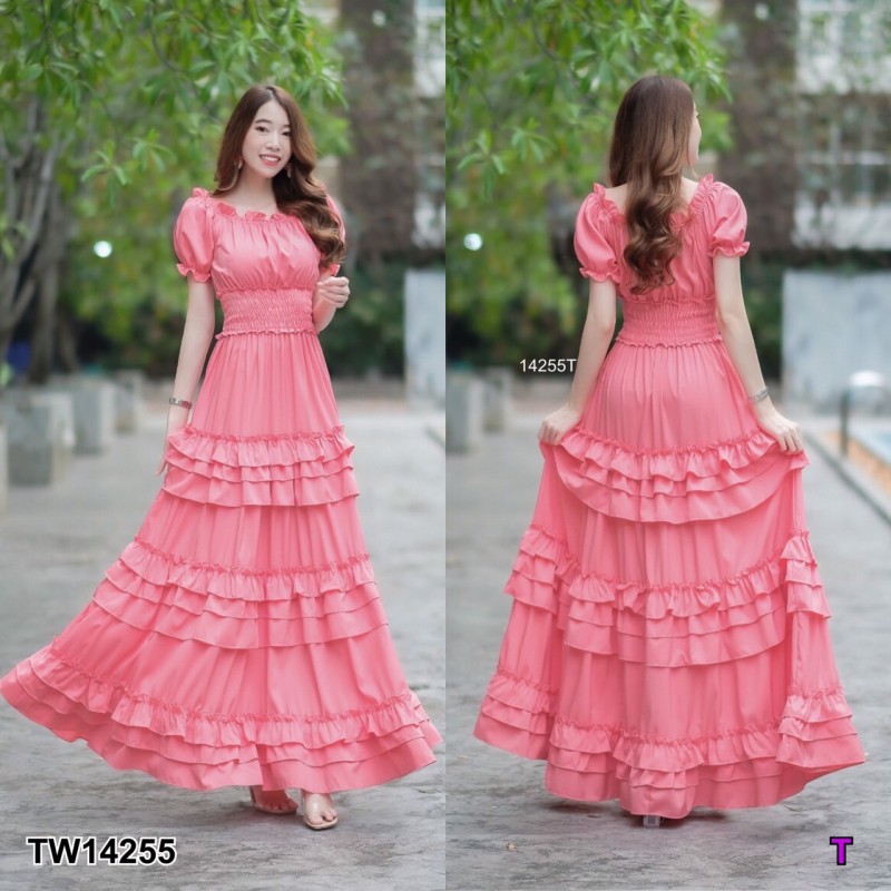 kudapy เดรสยาวสี ขาว ชมพู เหลือง แดง โอรส เปิดไหล่ แขนตุ๊กตา เอวสม็อกรอบ แต่งระบายชั้นๆ ทรงสวยบางระบายเข้ารูป