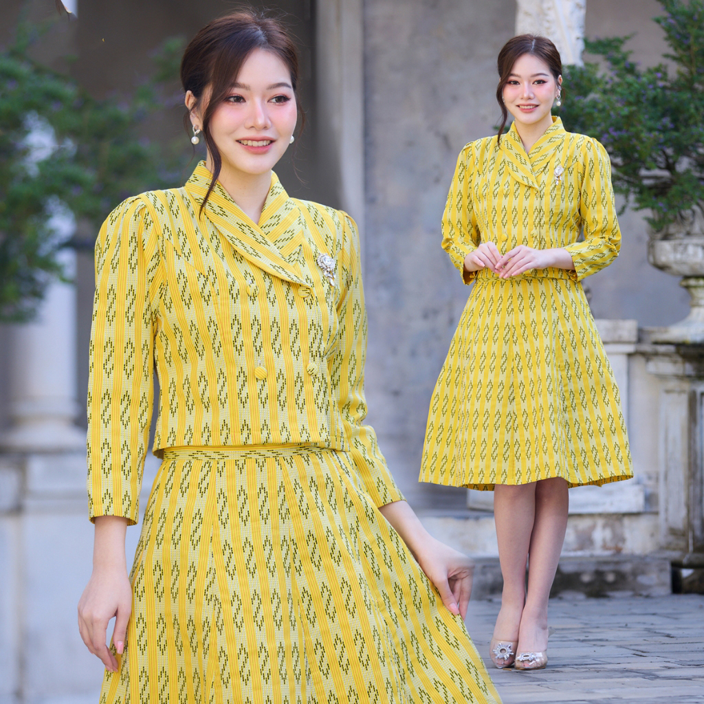 kudapy ชุดเซตไปงานแต่งสีเหลือง ลายขอ เสื้อ+กระโปรง ผ้าไหมทอลายอย่างดี