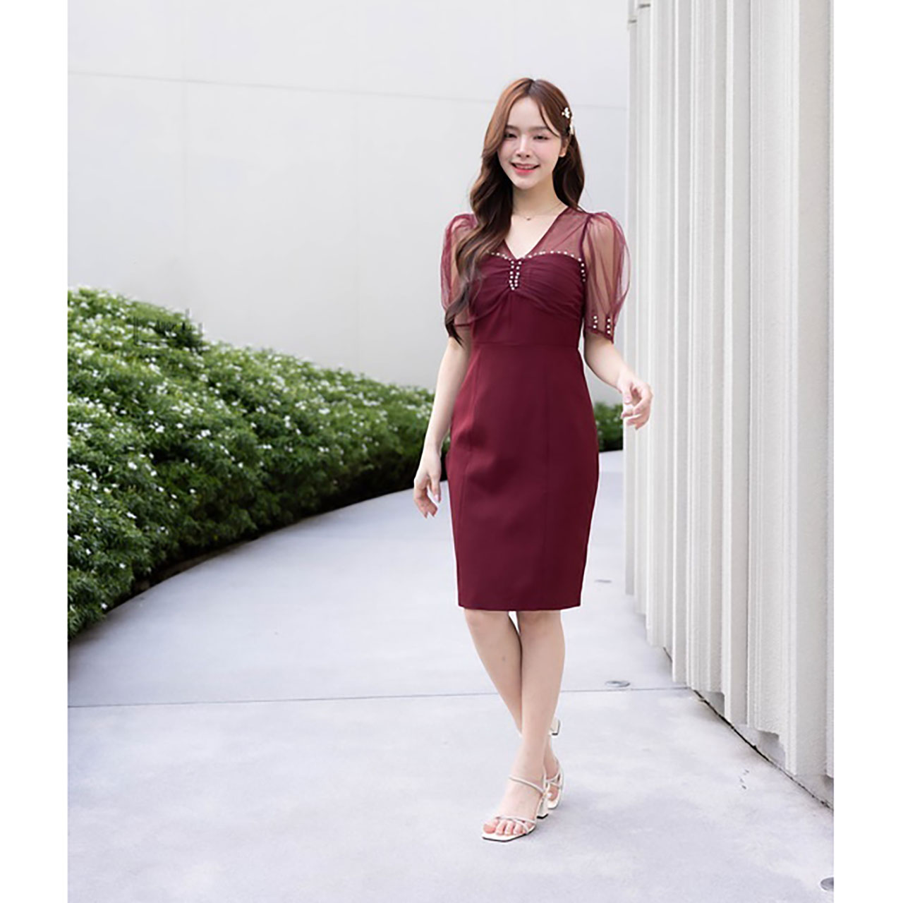 kudapy เดรสสั้นสีแดง/สีชมพู แขนตุ๊กตาขอบเพชร