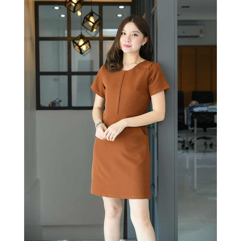 kudapy เดรสสั้นสีเขียวน้ำทะเล/สีน้ำตาล/สีเทาเข้ม มีซับในทั้งตัว ใส่สบายสวยดูดี