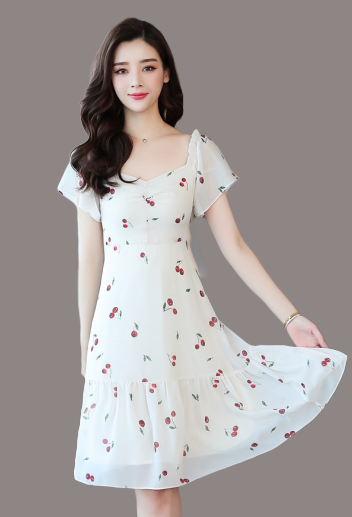 ชุดเดรสผ้าชีฟองสีครีม พิมพ์ลาย cherry สีแดง มีซับใน ซิบหลัง สวยน่ารักมากค่ะ XL