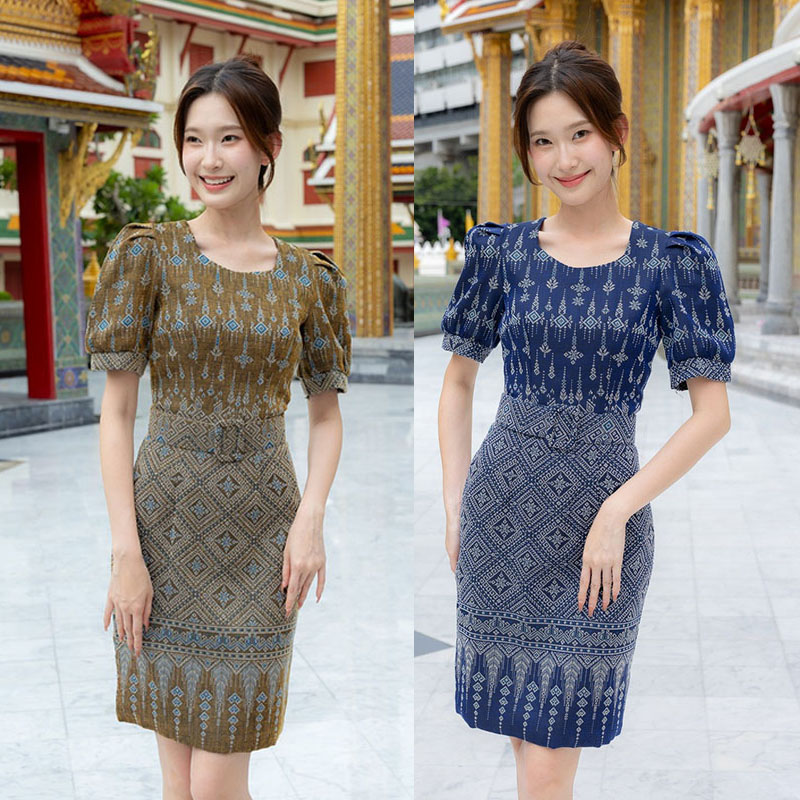kudapy เดรสสั้นสีกรม/สีน้ำตาล ผ้าลายไทยแขนสั้น ผ้าใส่สบายสวยดูดี ใสออกงาน ใส่ทำงาน+เข็มขัด