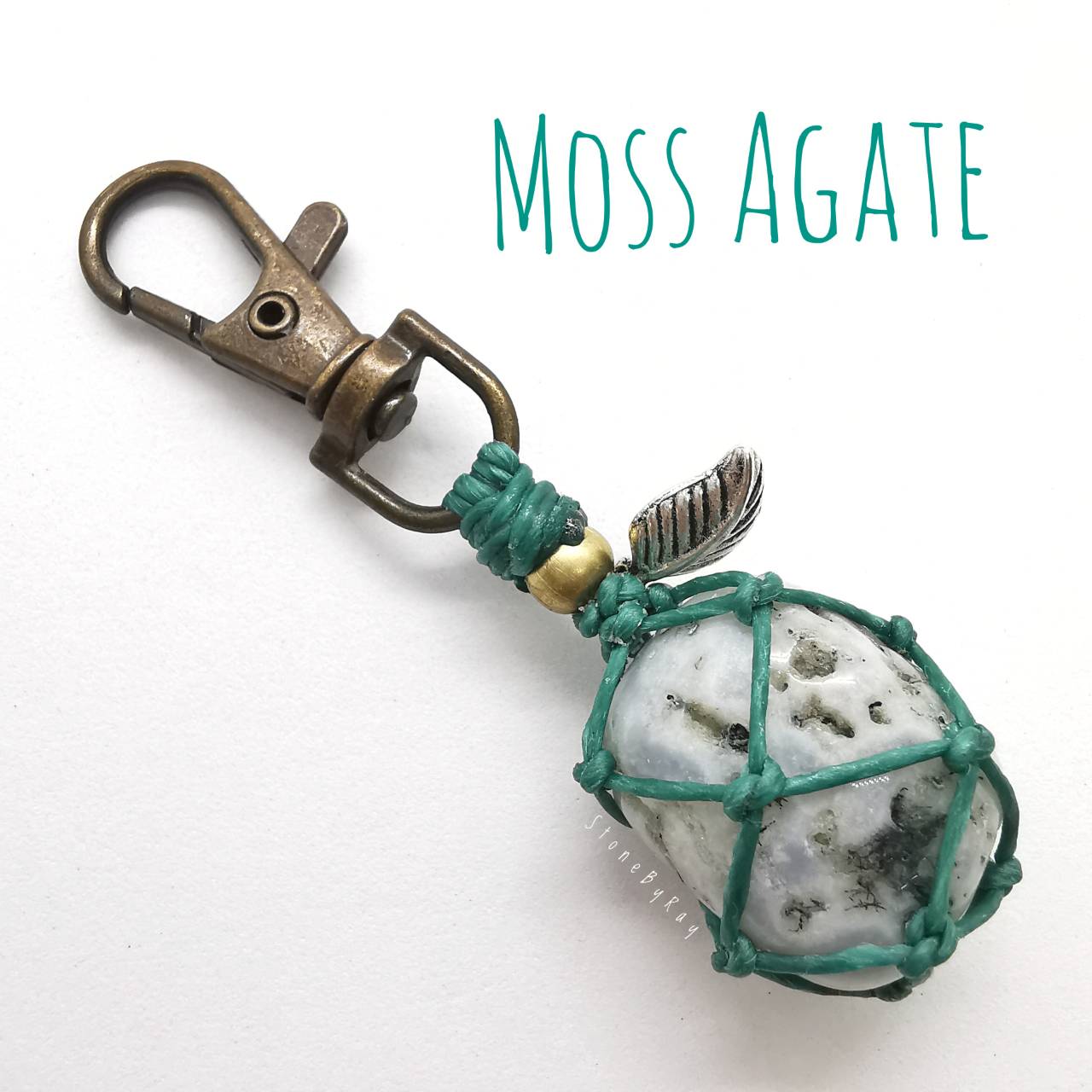 พวงกุญแจเชือกถักหินมอสอาเกต Moss Agate