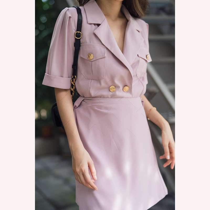 kudapy เดรสสูทกระดุมหน้า ดีไซน์เก๋ด้วยกระโปรงไขว้หน้า เนื้อผ้าทิ้งตัว