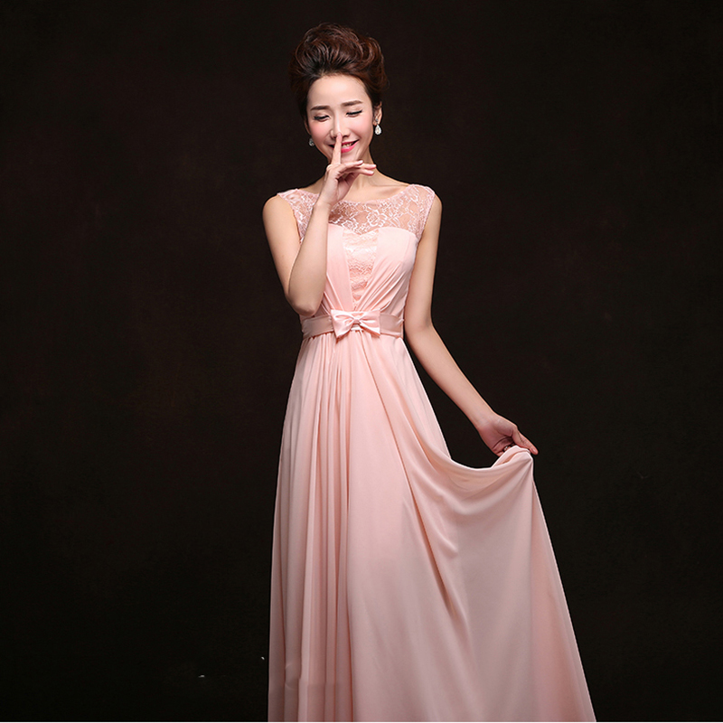 kudapy เดรสยาวสีชมพู ชุดราตรีแบบแขนกุด ผ้าชีฟอง แต่งผ้าลูกไม้ & โบว์ช่วงเอว สวยหวาน (เชือกผูกหลัง)