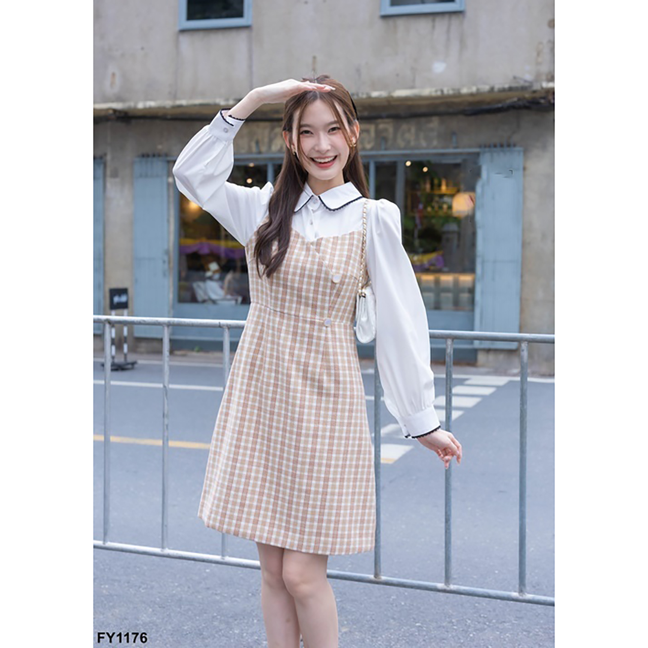 kudapy เดรสสั้นสีครีม/สีชมพู/สีดำ คอปกแขนยาวขาวผ้าทวิต