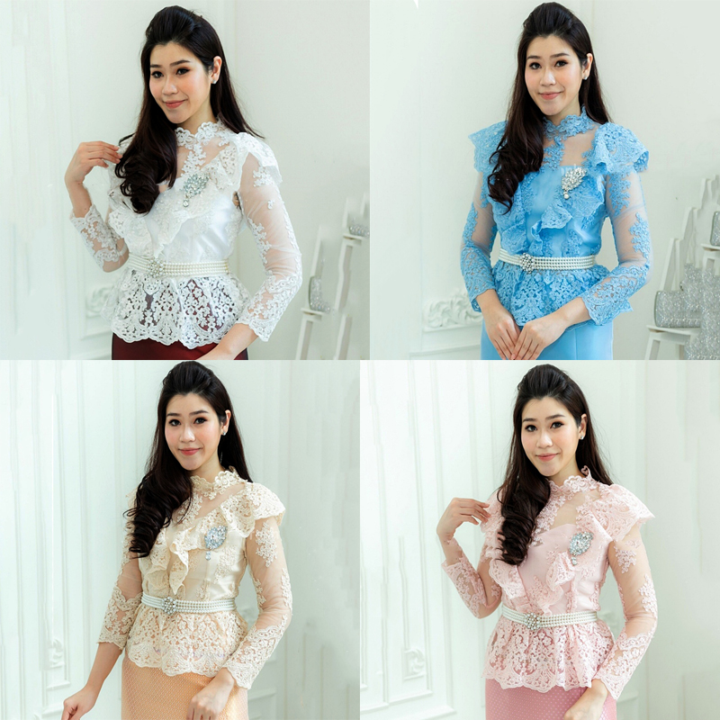 kudapy kudapy เสื้อลูกไม้แขนยาวสีชมพู/สีฟ้า/สีขาว/สีทอง เสื้อลูกไม้แต่งระบายด้านหน้า