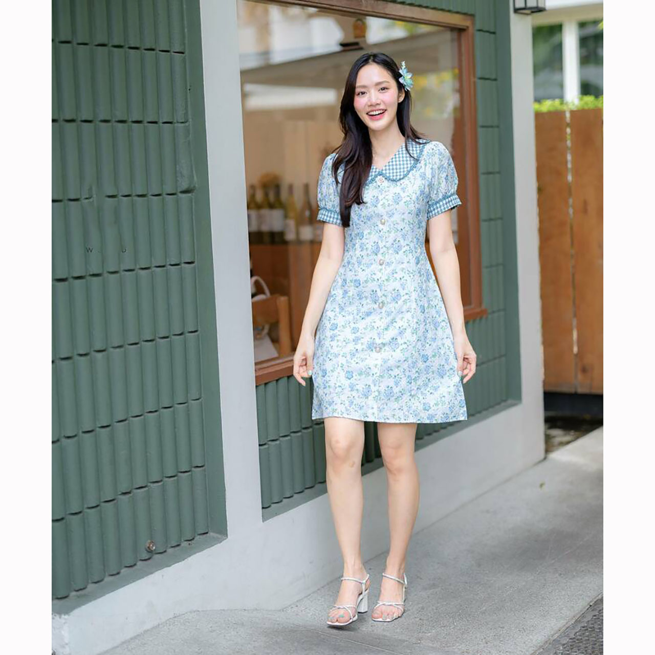 kudapy เดรสสั้นสีฟ้า/สีม่วง ผ้าฉลุคอบัวลายสก๊อต ใส่สบายสวยดูดี