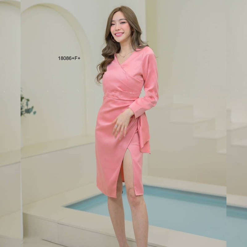 kudapy เดรสแขนยาวสีพื้น แต่งจีบ ผ่าหน้า ชุดออกงาน ชุดเพื่อนเจ้าสาว เดรสงานแต่ง ใส่ไปเที่ยวสวยดูดี