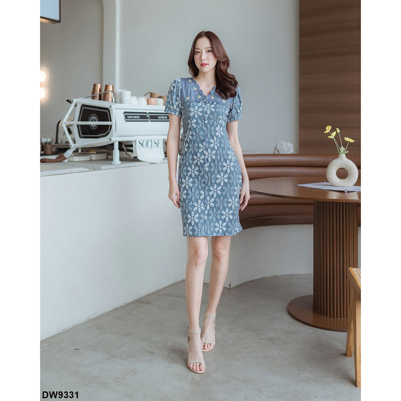 kudapy เดรสสั้นสีเขียว/สีชมพู/สีเทา ไหล่ปักดอกผ้าแจ็คการ์ด ใส่เที่ยว ใส่ออกงานสวยดูดี น่ารัก