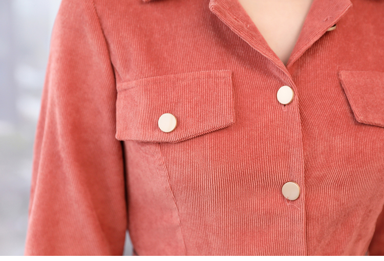 ชุดเดรสสีอิฐ ผ้าลูกฟูก แขนยาวสี่ส่วน