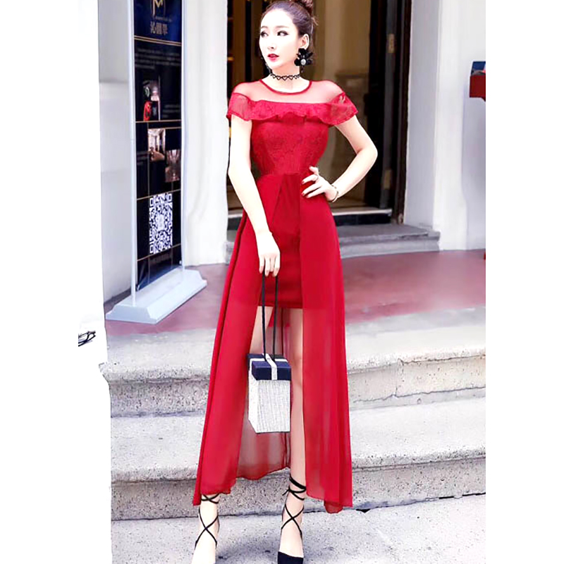 kudapy เดรสยาวสีแดงแนววินเทจ คอกลมแต่งระบายรอบไหล่ ใส่ออกงานสวยหรูหรา