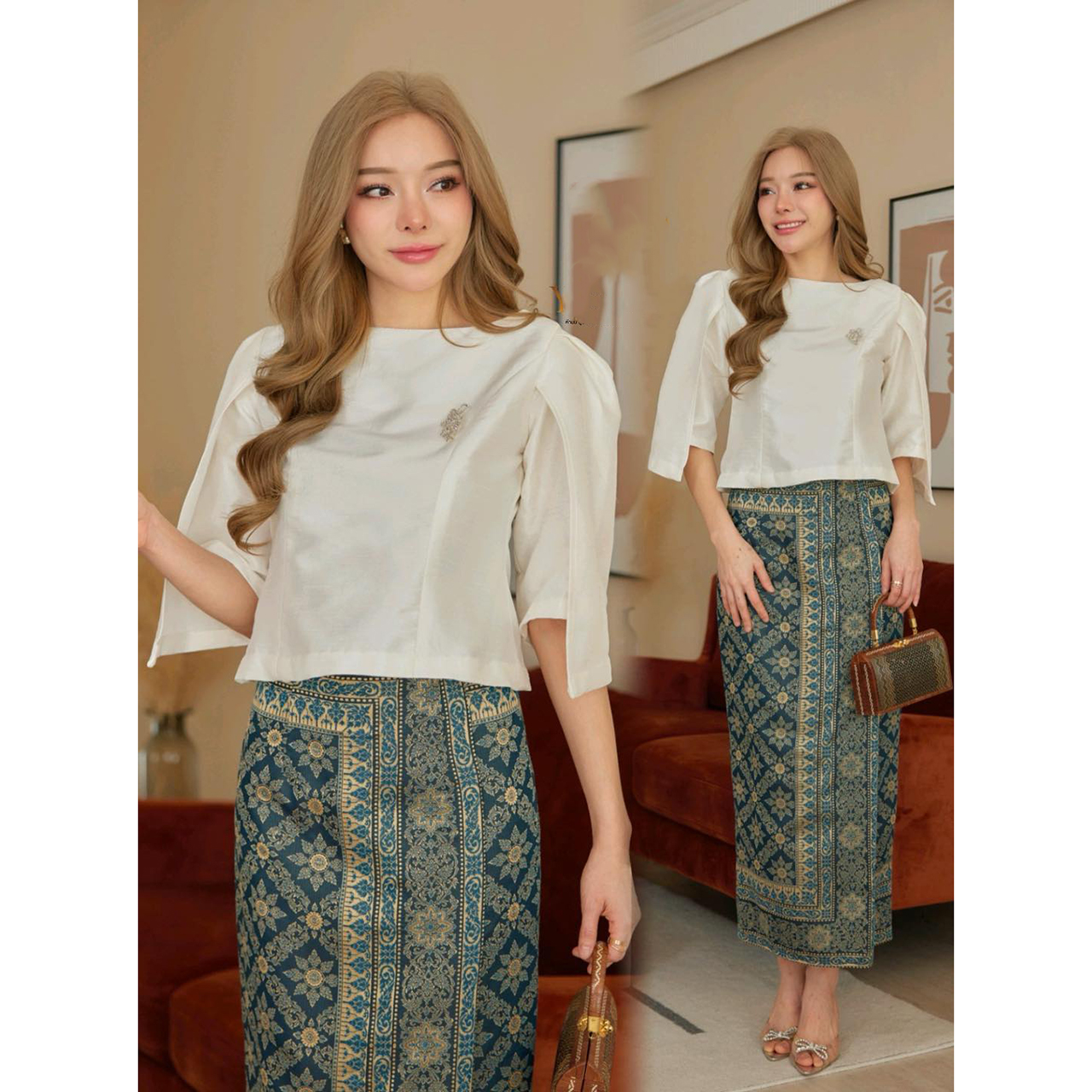 kudapy ชุดเซ็ท เสื้อผ้าไหมแพรทิพย์พรีเมี่ยมอัดกาวอย่างดี+ผ้าถุงตัดสำเร็จรูปทอลายอัดกาว