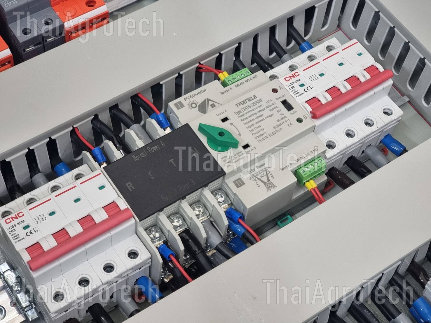 ตู้คอมบายเนอร์แบบไฮบริดแบบออนออฟกริด 2สตริง 3เฟส Hybrid On-OffGrid ขนาด 5kw-40Kw MCCB, RCBO, DC 2string ATS 100A 4P (3Phase) ระบบโซล่าเซลล์ ไฮบริด #Deye #Growatt #PowMr #SRNE #LVTOPSUN #Anern