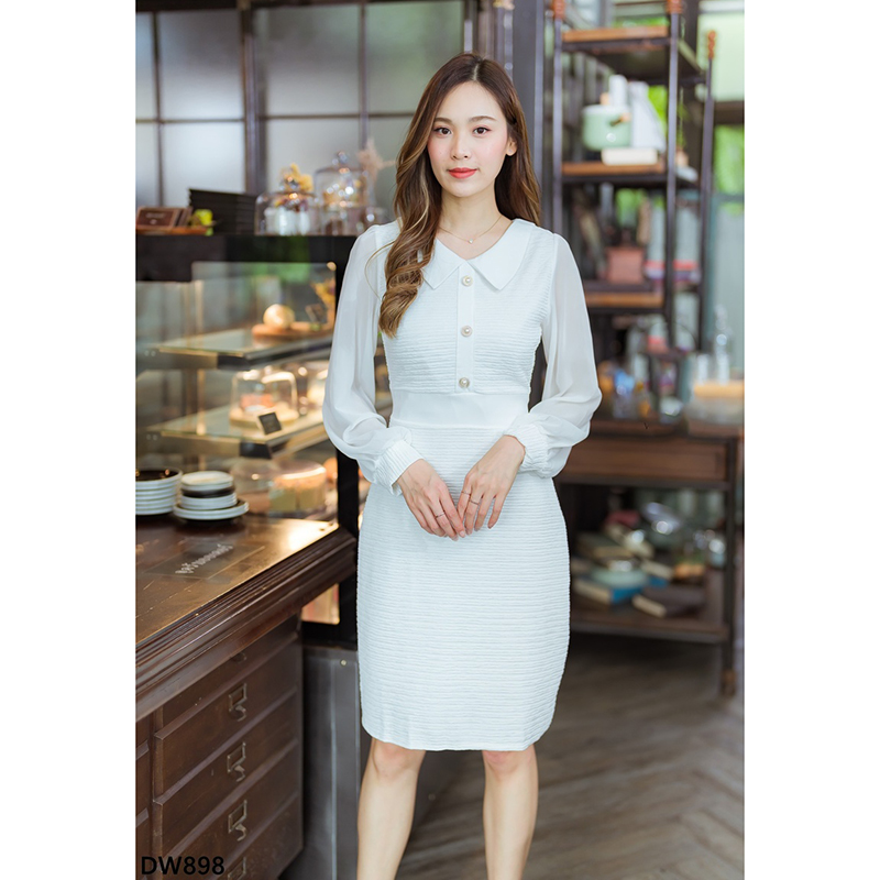 kudapy เดรสสั้นสีขาว/สีดำ/สีชมพู คอปกแขนยาวแต่งกระดุม