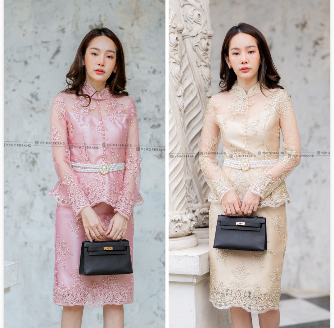 kudapy เซตเสื้อ+กระโปรง สีทอง/สีชมพู ชุดไทยประยุกต์ดีไซน์ กับเสื้อลูกไม้ปักดิ้นรอบตัว