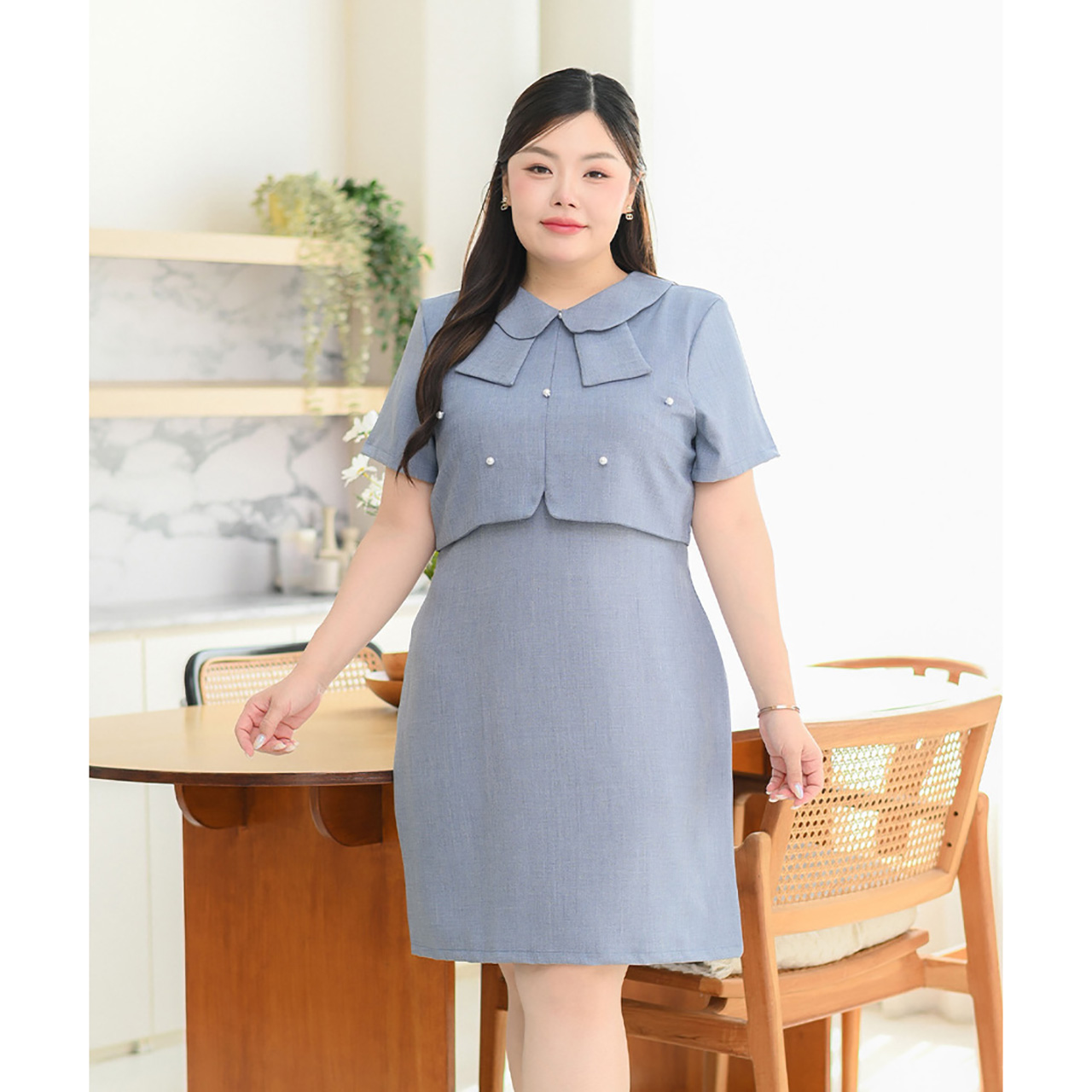 kudapy เดรสแขนสั้น คอปกแบบใหม่สุดคิวท์ มาพร้อมกระดุมมุกตกแต่งให้ลุคคุณหนูน่ารัก