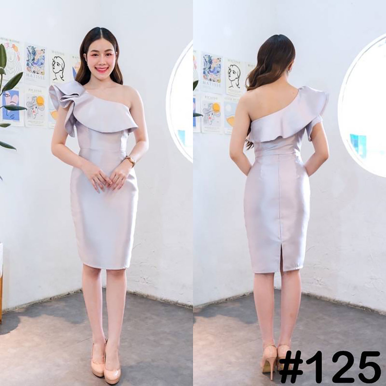 kudapy เดรสสั้นสีขียวอมเทา,ชมพู,ฟ้า,แดง,ทอง,เทา,กรม ,เขียว บ่าเดี่ยว จับเดรปแขน สองชั้น ระบายจีบช่วงอก