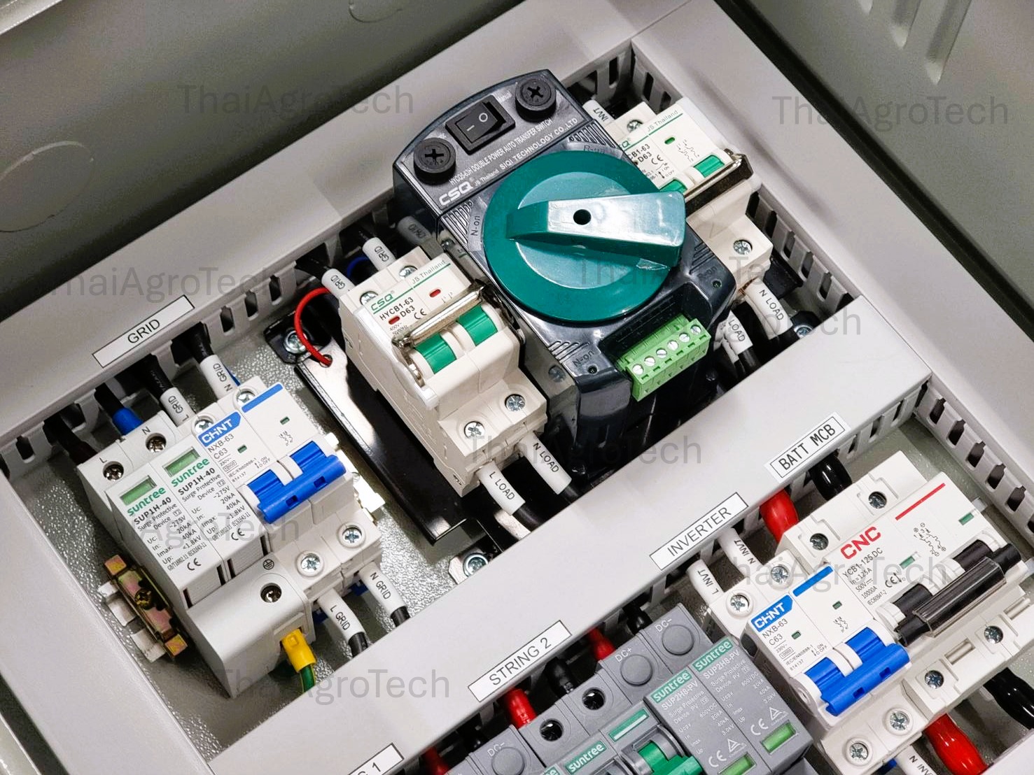 ตู้คอมบายเนอร์แบบไฮบริด 2 สตริง Hybrid On/Off-grid AC Combiner Box 2 string พร้อม สวิตซ์สลับแหล่งจ่ายไฟ อัตโนมัติ ระบบไฟฟ้าสำรอง ATS Automatic Dual Power Transfer Switch 2P 63A