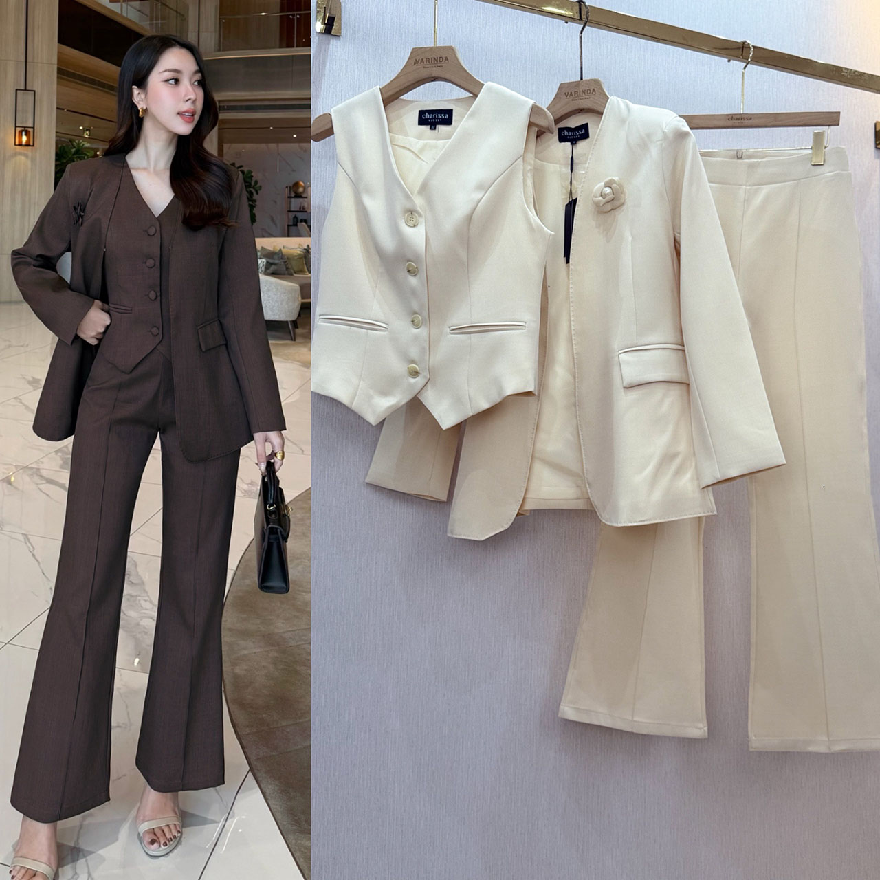 kudapy เซ็ท 4 ชิ้น เสื้อสูท+เสื้อ vestด้านใน +กางเกง+เข็มกลัดดอกไม้ ใช้ผ้าเดียวกันทั้งเซ็ท ตัวเสื้อสูทมีซับในอย่างดี กระเป๋าจริง