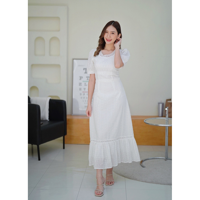 kudapy เดรสยาวสีขาว/สีชมพู เดรสออกงานผ้าฉลุแขนตุ๊กตา ใส่สบายสวยดูดีมากๆ