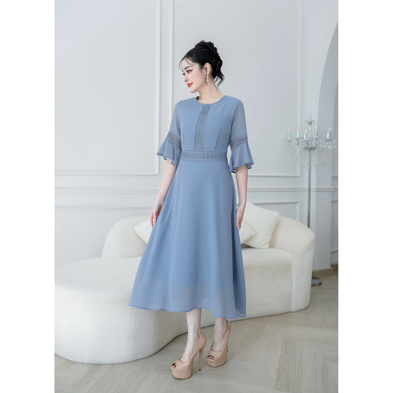 kudapy เดรสยาว ผ้าชีฟอง แต่งคาดลูกไม้ทั้งชุด ผ้าเบาใส่สบายใส่ได้ทั้งวัน มีซับในอย่างดี ซับในยาว