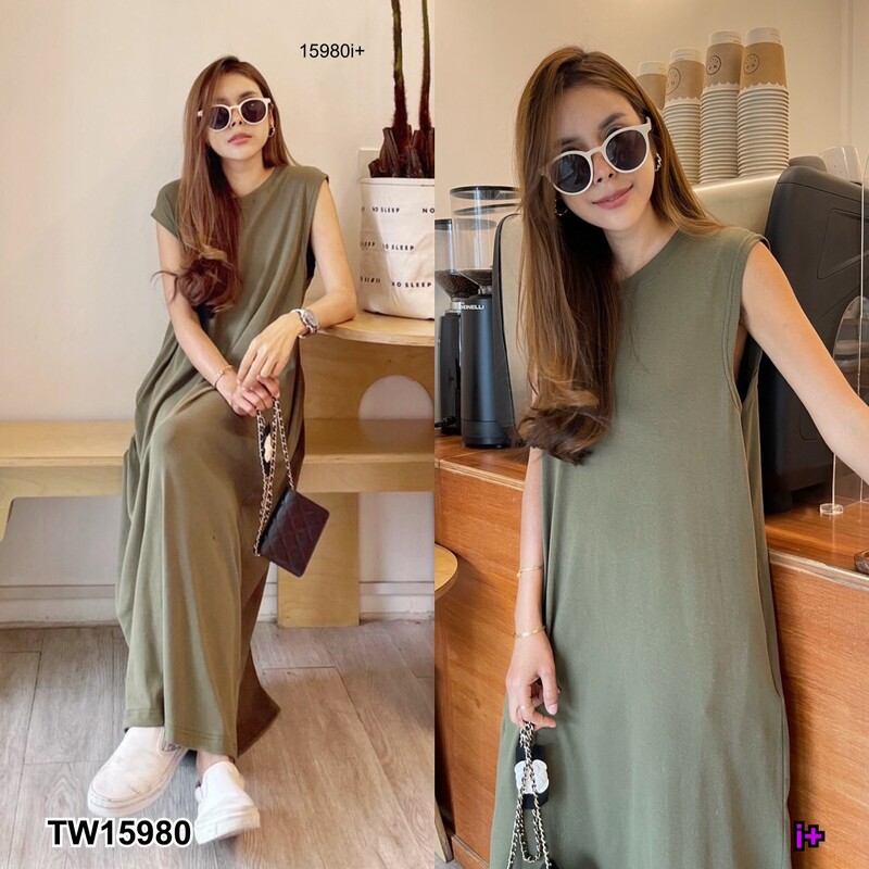 kudapy Dress เดรสแขนกุด สีดำ น้ำตาล เขียวอ่อน เขียวขี้ม้า ทรงปล่อย แอบเพิ่มกิมมิคแต่งกระเป๋าล้วงข้างทั้ง 2 ข้าง