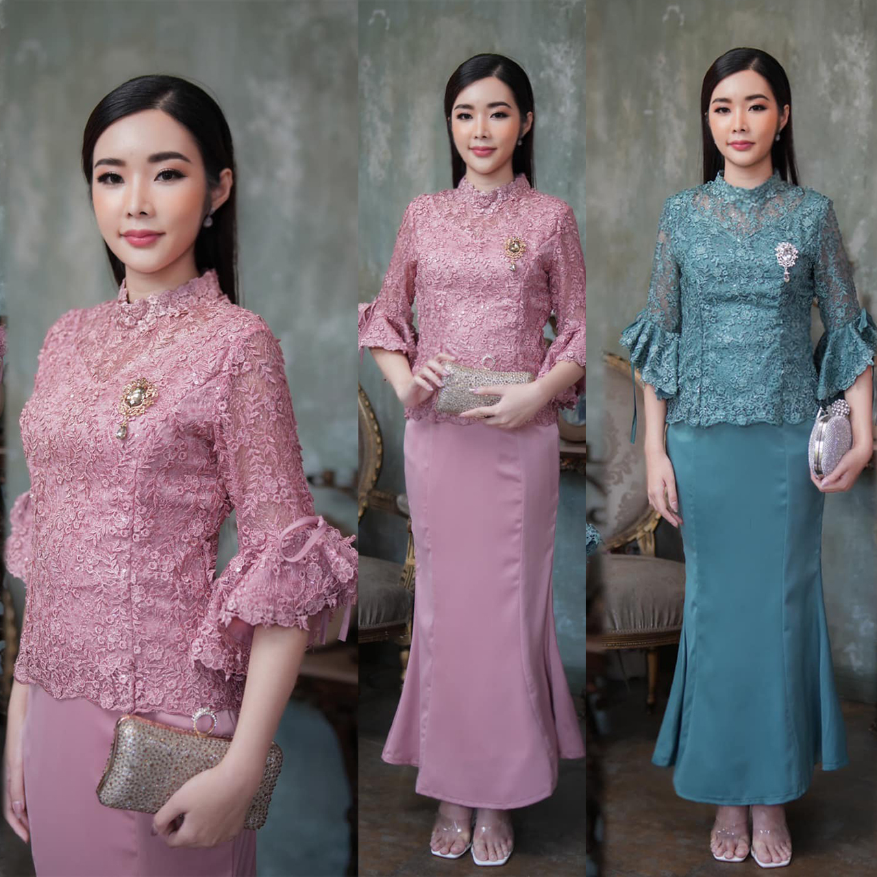 kudapy ชุดลูกไม้ใยบวบสีชมพูกลีบบัว/สีเขียวหยก ดอกลอยสามมิติคอปีนแต่งด้วยลูกไม้ลายดอก