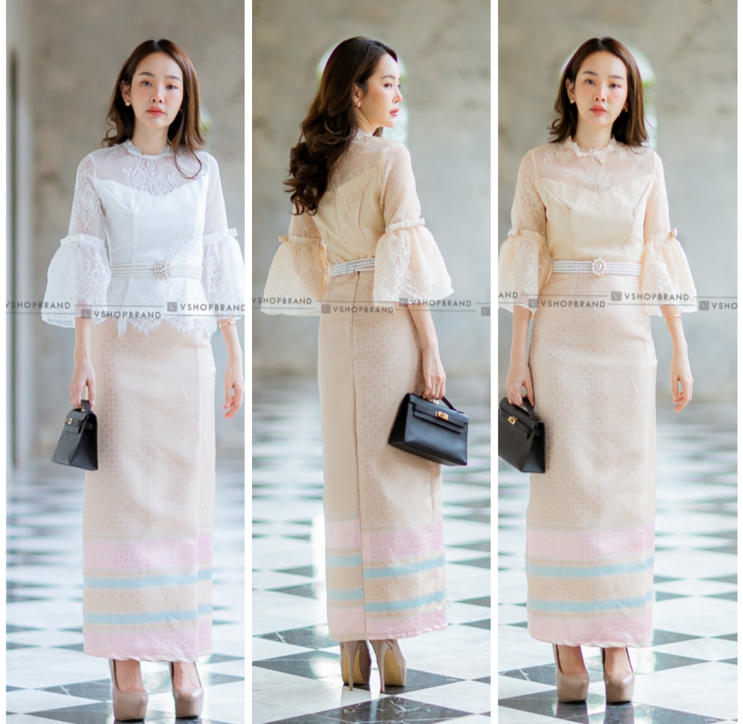 kudapy เซ็ตเสื้อ+ผ้าถุงพิมพ์ลาย สีทอง/สีขาวครีม แขนกระดิ่ง ทรงสวย ชุดไปงานแต่ง ชุดไทยประยุกต์