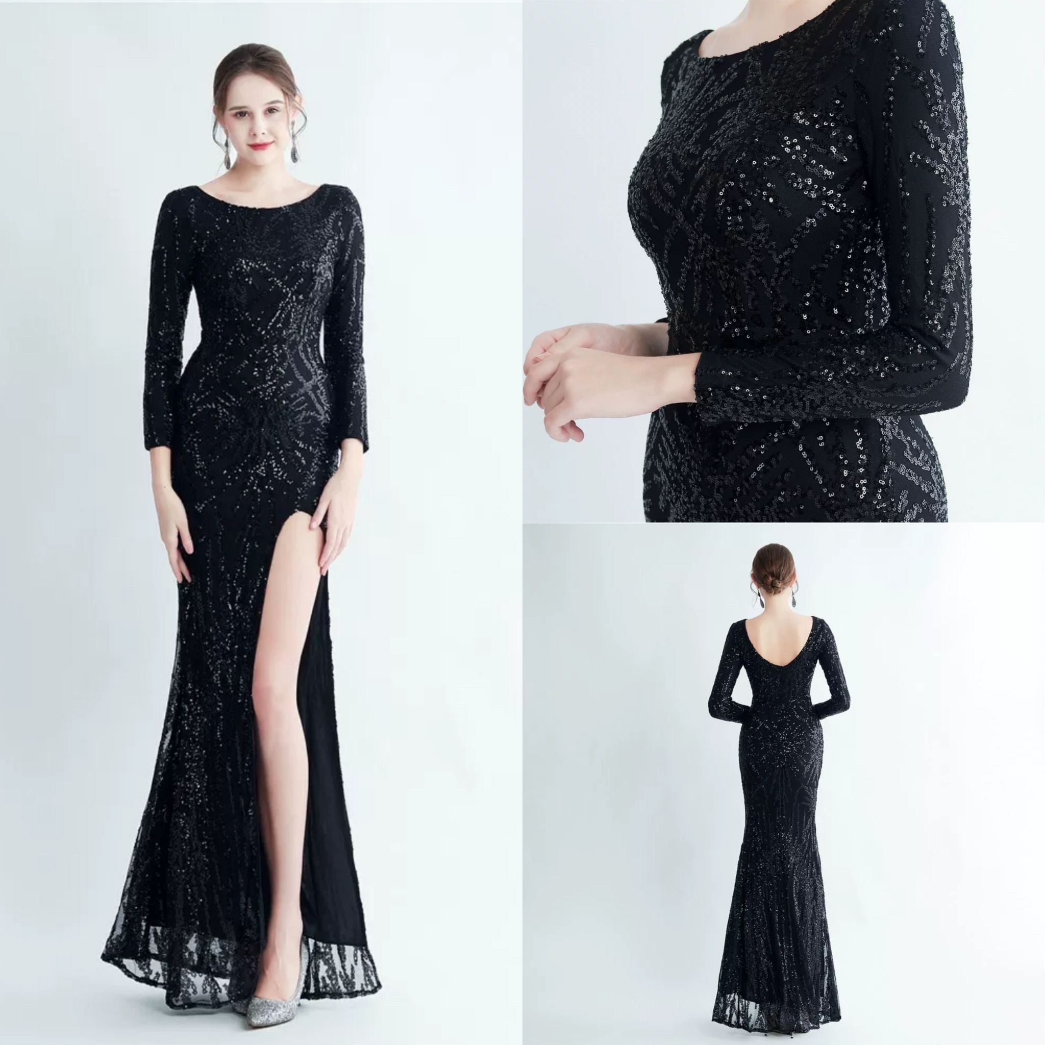 kudapy ชุดราตรียาวผ้ากริสเตอร์ เดรสคอกลมเปิดกว้างแขนยาว โชว์อก ผ้าแต่งลายเพชร S M L XL