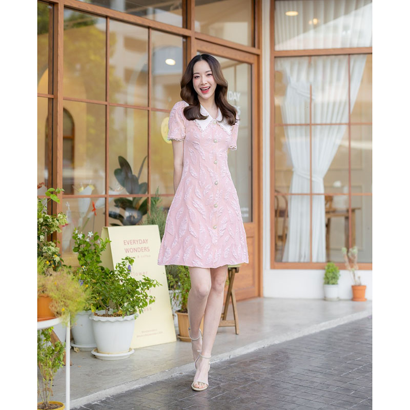 kudapy เดรสสั้นสีชมพู/สีน้ำตาล คอปกผ้าแจคกาด ใส่เที่ยว ออกงานสวยดูดี