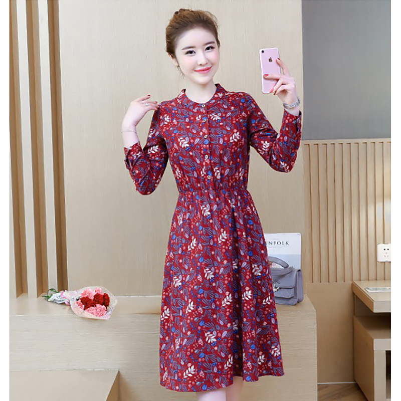 kudapy เดรสสั้นสีกรม-สีแดง ผ้าฝ้ายแขนยาว พิมพ์ลายใบไม้ เอวจั้ม มีกระเป๋าทั้ง2ข้าง ปลายแขนมีกระดุม ผ้าใส่สบาย