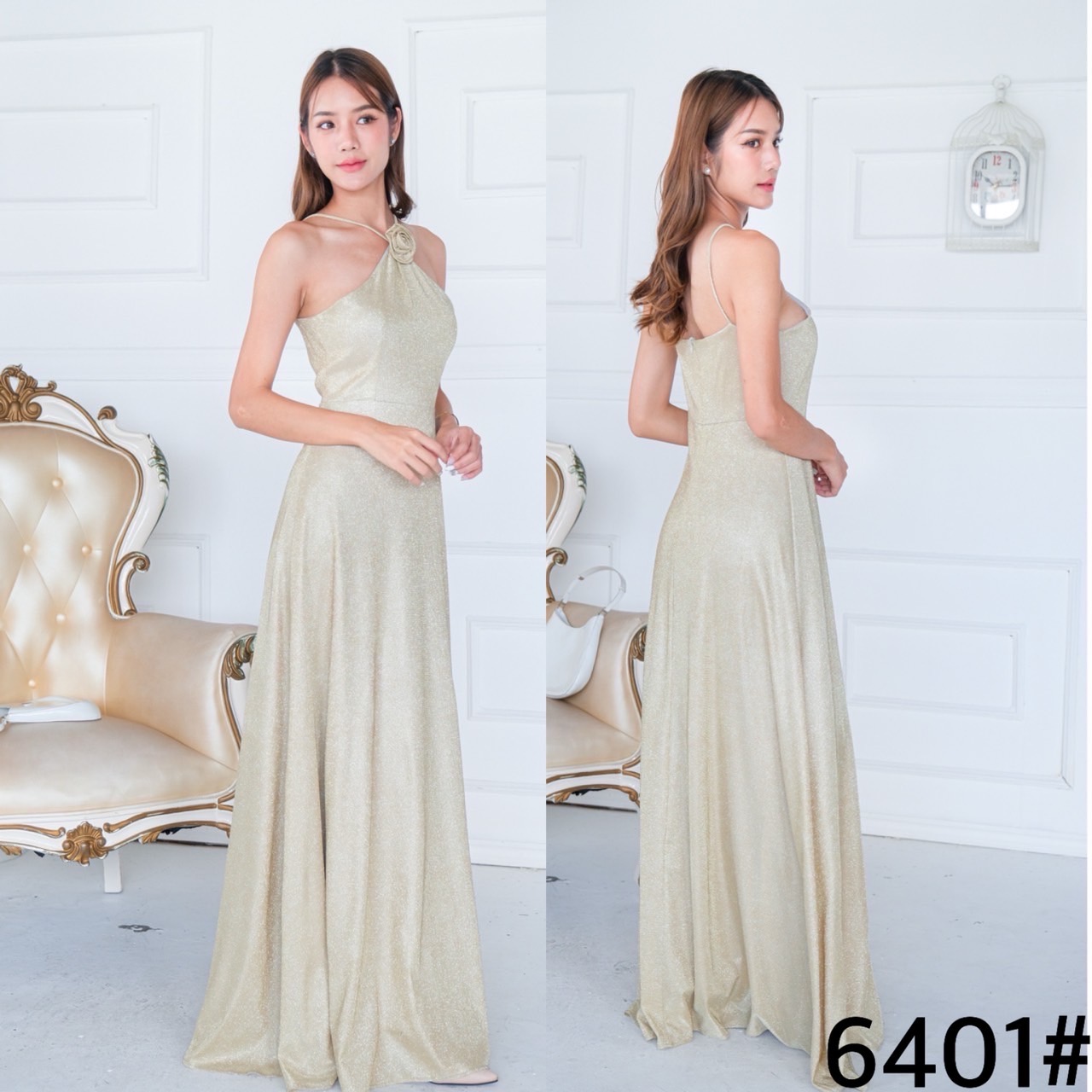 kudapy เดรสราตรีออกงานคล้องคอ ดีเทลเว้าบ่า แต่งเข็มกลัดดอกไม้ ทรงสวยเรียบหร กระโปรงบานพริ้วสวย