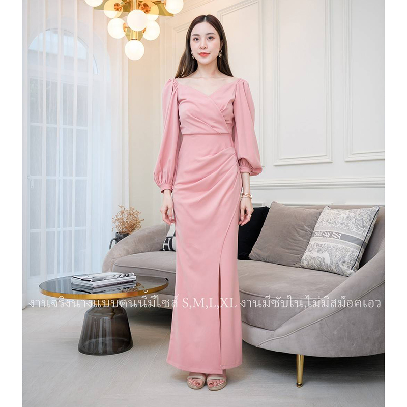 kudapy เดรสราตรีแขนยาวปาดคอวีสีแดง/สีเขียว/สีชมพู ผ่าสูงข้าง งานสวยคุ้มราคา ซิปหลังมีซับใน เริ่ดมากก