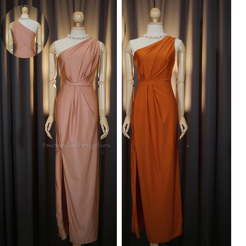 kudapy เดรสยาวออกงานสีโอรส/สีส้ม ติ้งสวยแพง กระโปรงผ่าข้าง ซิปข้าง ใส่ได้ทั้งงานเช้า งานเย็น