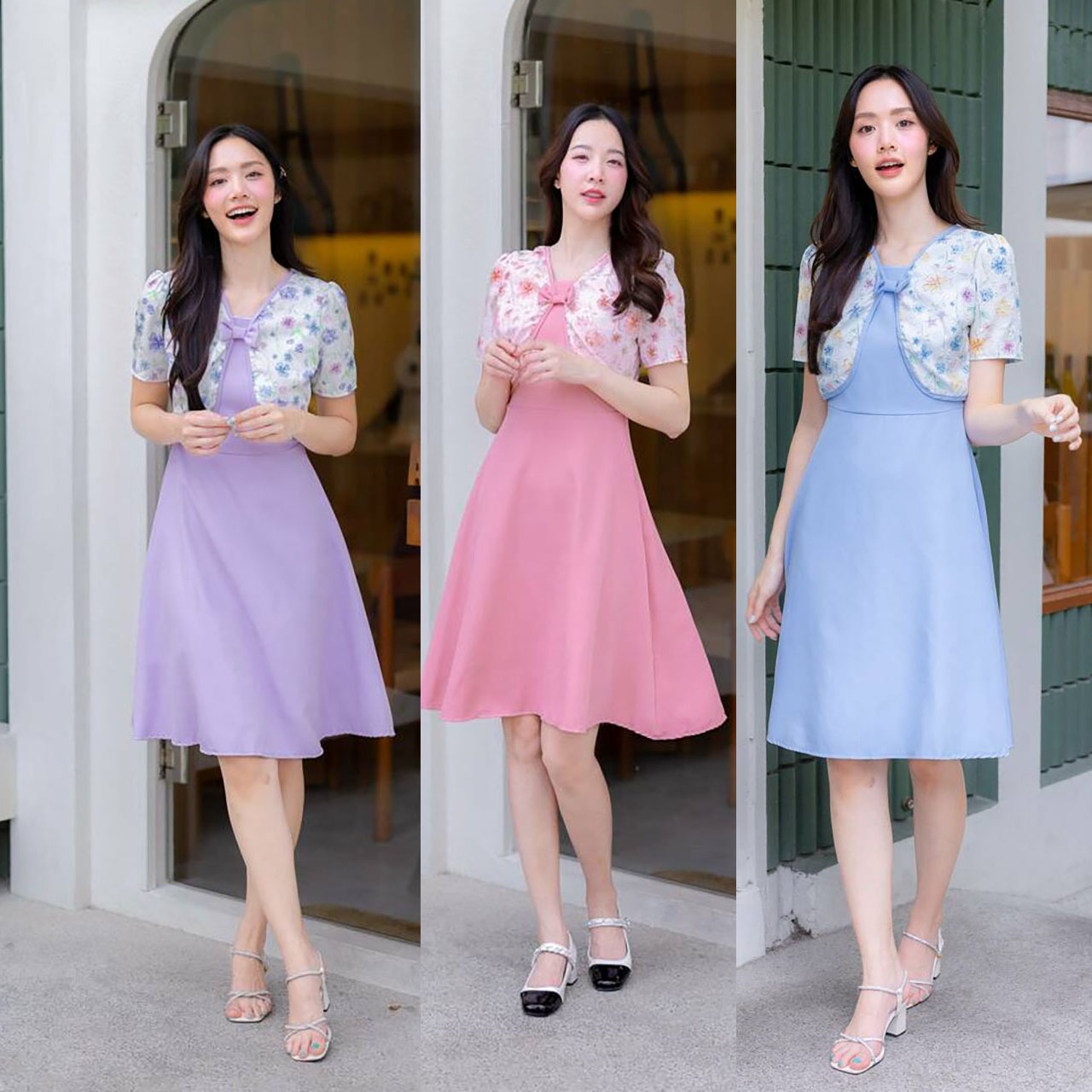 kudapy เดรสสั้นสีชมพู/สีม่วง/สีฟ้า กระโปรงบานกั๊กลายดอก