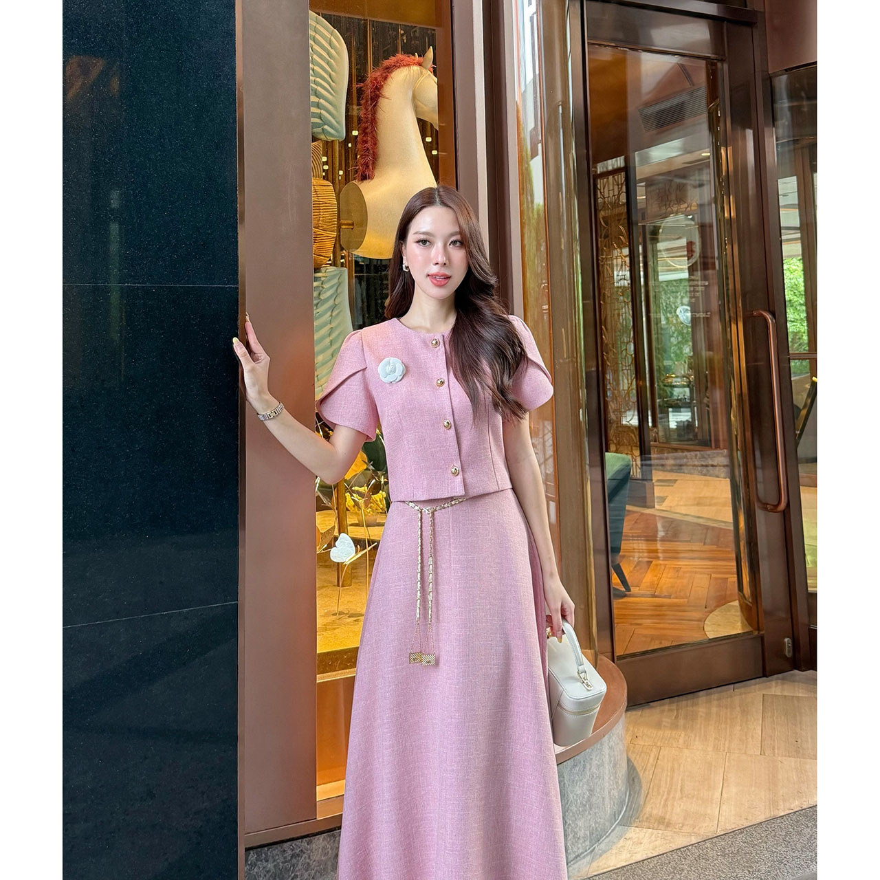 kudapy เซ็ทเสื้อแขนตุ้กตา เสื้อ กระโปรงเอวสูง เข็มกลัดดอกไม้ เข็มขัดโซ่