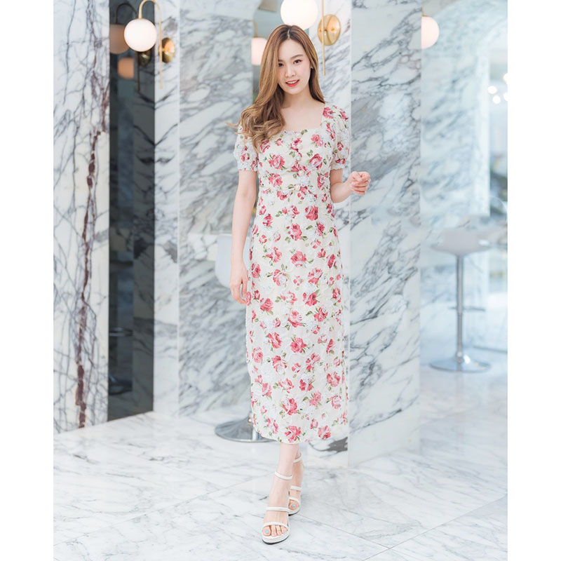 kudapy เดรสยาวสีชมพู/สีดำ/สีครีม ลายดอกปักลูกไม้สามมิติ