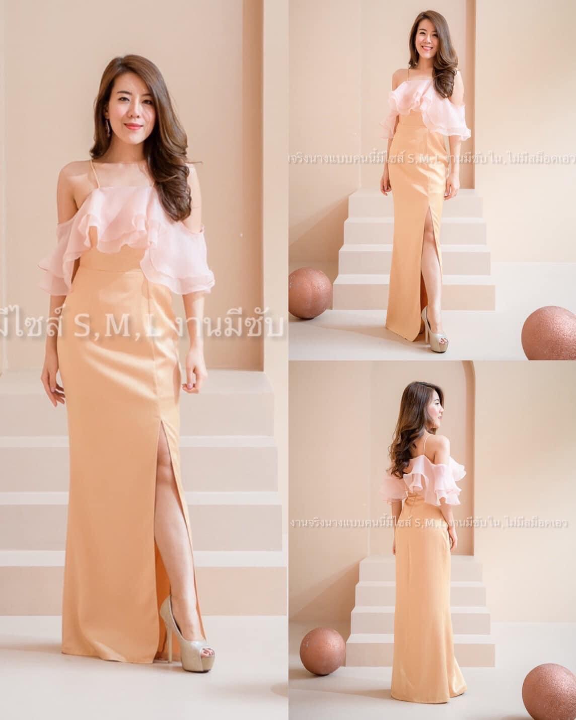 kudapy ชุดเดรสยาวสายเดี่ยวสีกรมท่า ,สีทอง ,สีโอวัลติน ผ้าซาร่าไม่ยืดนะคะ ระบายผ้าออแกนดี้2ชั้น