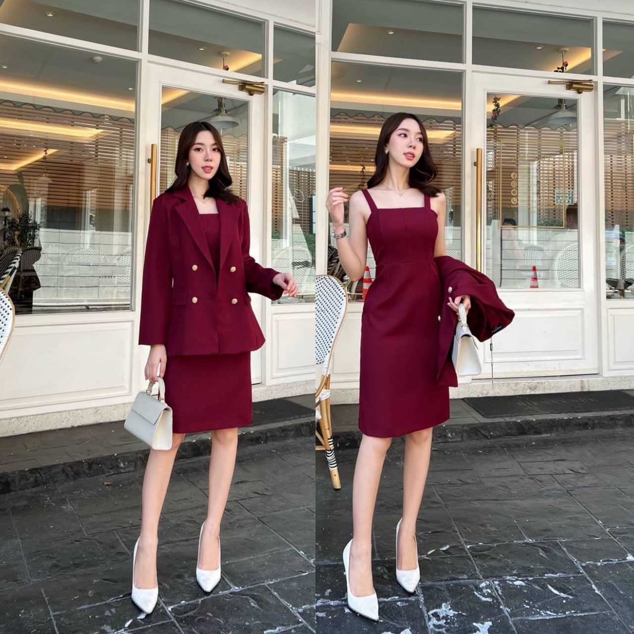 kudapy Setsuit 2 ชิ้น เสื้อสูทออกแบบให้เป็นทรงใหญ่กว่าเดรส+เดรสคอเหลี่ยม ซิปหลัง มีซับในทั้งตัว ใส่สบาย แต่ยังมีความสุภาพ มีฟองน้ำเสริมไหล่บ