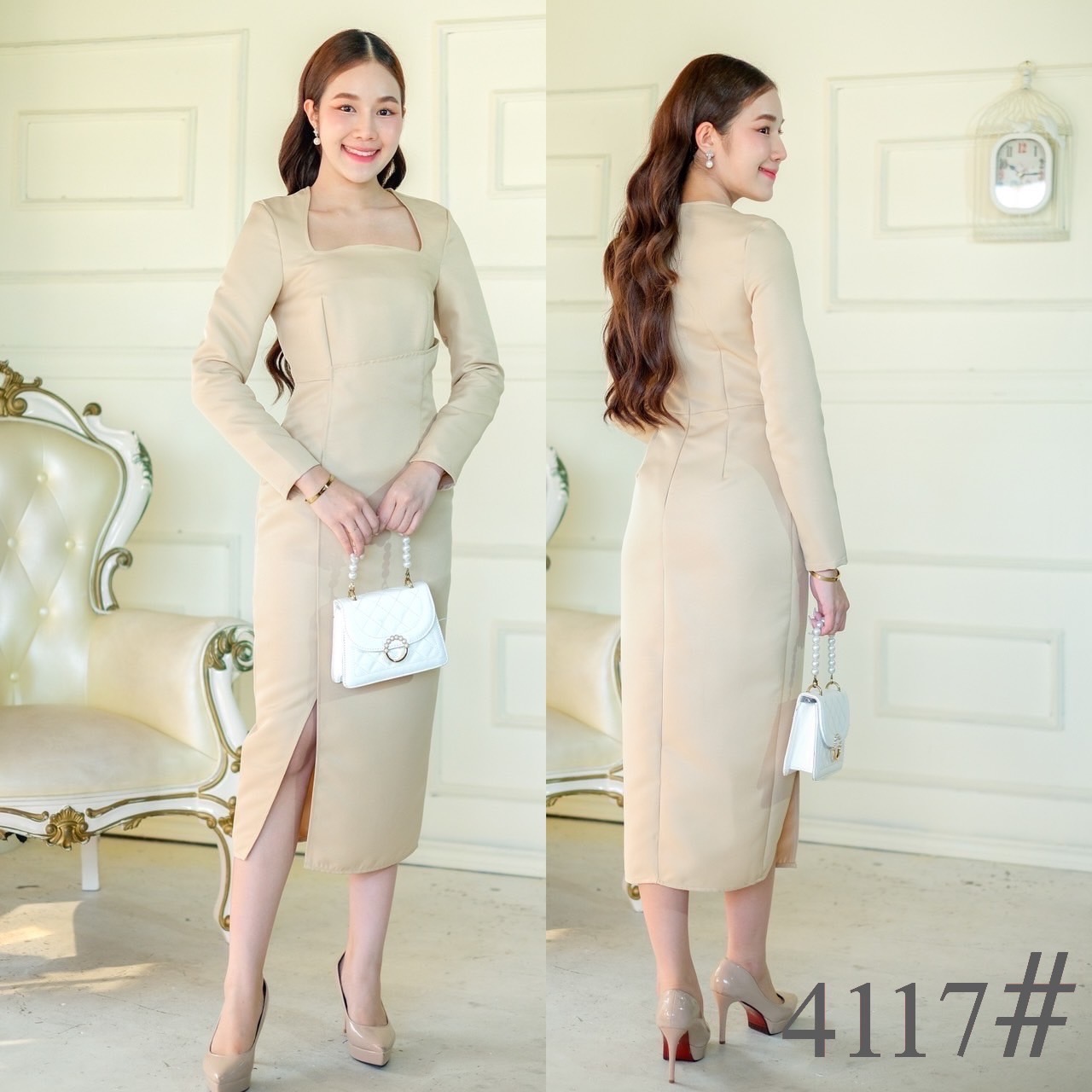 kudapy เดรสสั้นสีชมพู/สีทอง/สีกรม/สีส้ม คอเหลี่ยมแต่งอกโค้ง แขนยาว กระโปรงทรงสอบ ผ้าโพลีเอสเตอร์