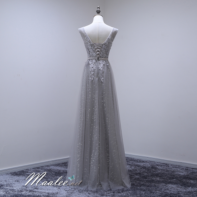 kudapy ชุดราตรียาวสีชมพู/เทา แขนกุด แต่งลายลูกไม้ ผ้าตาข่าย ข้างในปักเลื่อมสวย