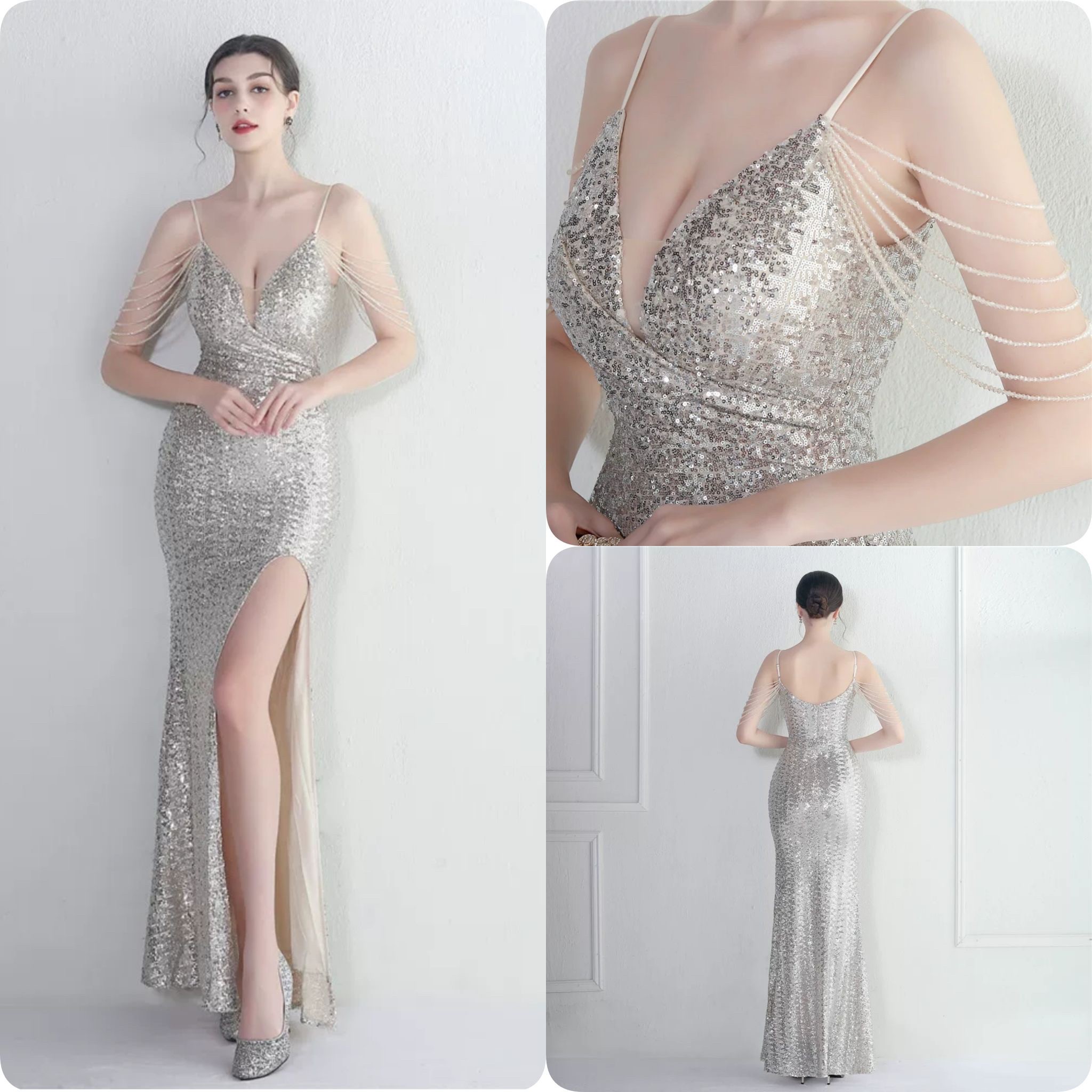 kudapy ชุดราตรียาวสายเดี่ยวปักเพชรสีทองโรสโกลด์,สีเขียว,สีแดงเบอร์กันดี้ ผ่าหน้า ผ้ากริสเตอร์ ยืดตามตัว