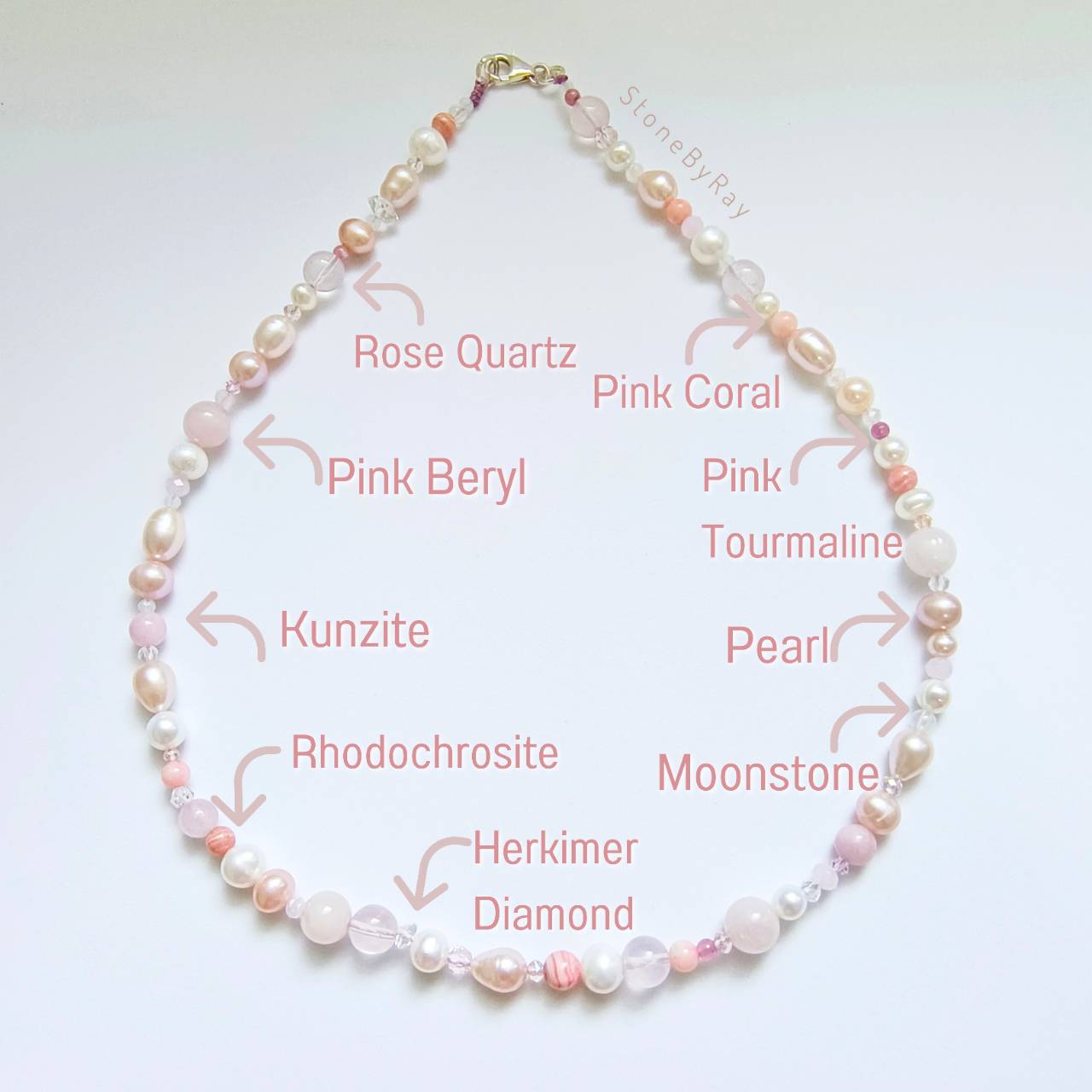 สร้อยคอหินรวมโทนสีชมพู(รวมหิน9ชนิด)